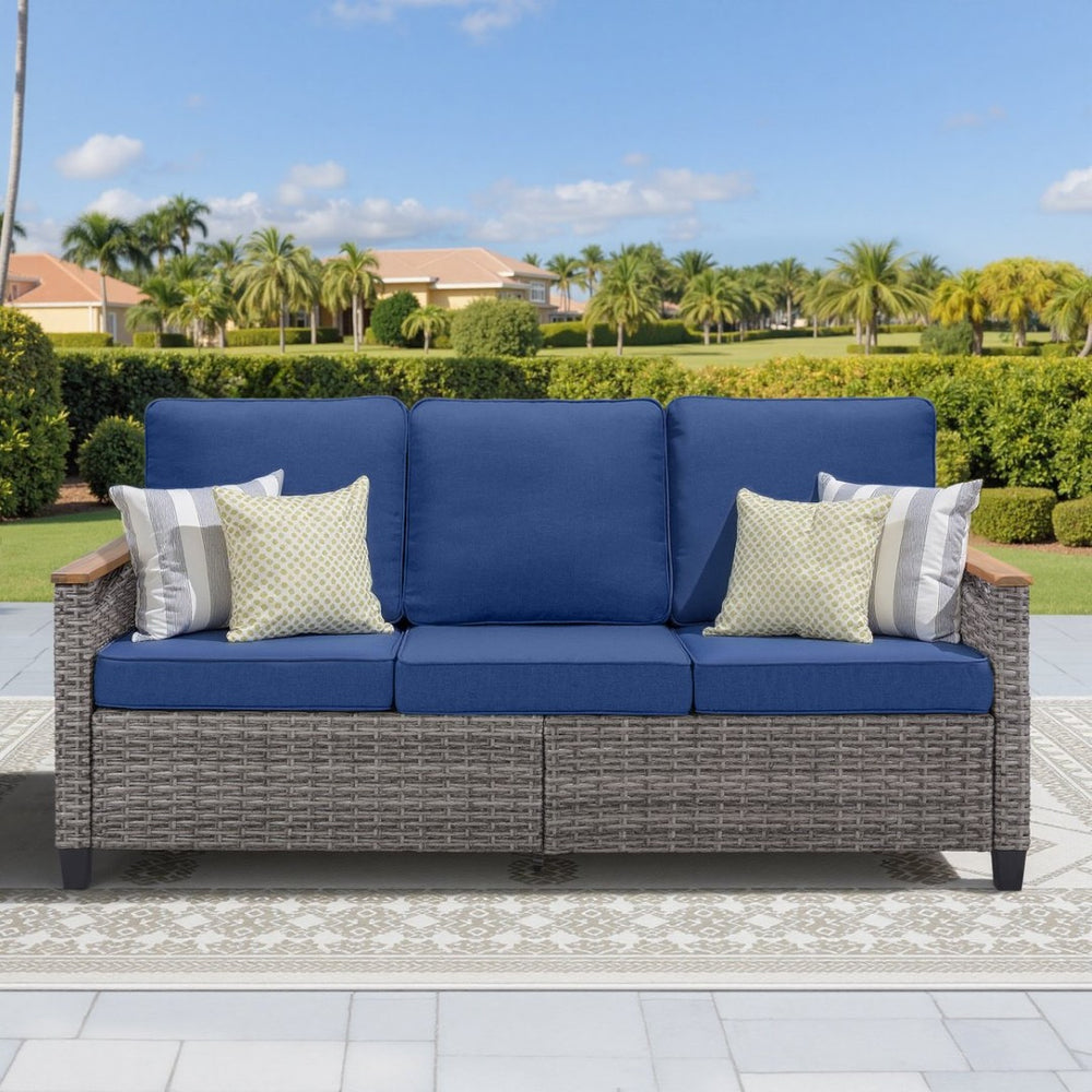 English Elm 73.2" Outdoor Handwoven Rattan 3 Seat Sofa with Olefin Cushions for Porch or Patio Blue T3773P418280
