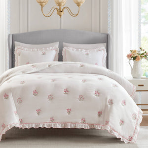 English Elm 3-piece Floral Embroidered Quilt Set Ruffled Trim Romantic Bedding for Full Queen Beds White+Pink B035P463192