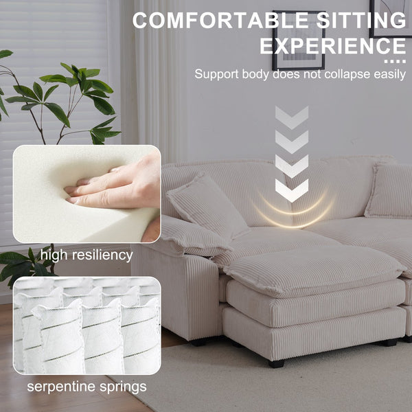 English Elm Corduroy Plush 2-Seat Sofa with 2 Back Cushions, Toss Pillows & Ottomans — Deep Seat Comfort White W2363S00062