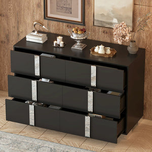 English Elm Elegant Mirrored Dresser with Metal Feet and 6 Spacious Drawers for Organized, Modern Living Spaces Black 54.25 L x 20.75 W x 8.5 H N733P307943B