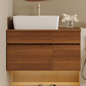 English Elm 31.5 Modern Floating Bathroom Vanity with Vessel Sink, Walnut Finish, Drawer Storage & Bracket Included White+Walnut W3136S00021