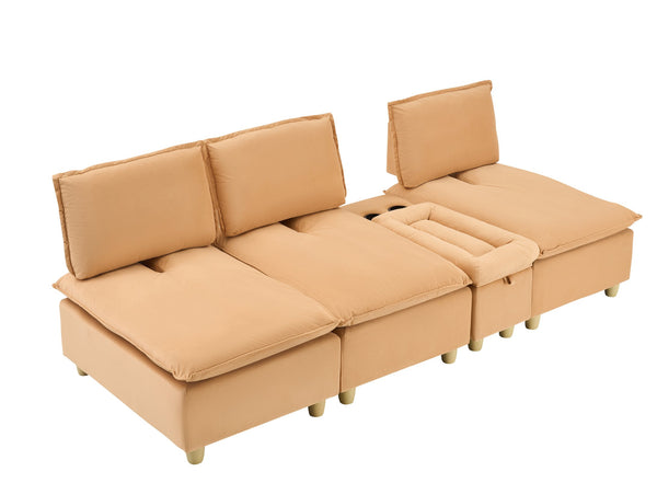 English Elm 104-inch pumpkin flannel three-seater sofa with storage cabinet, cup holders, adjustable backrest, comfy modern design Light Brown W1658S00095