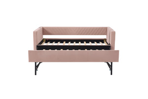 English Elm Twin Velvet Upholstered Daybed with Trundle, V-Pattern Backrest, USB Port, Side Pockets, Sturdy Design Pink W1361S00042