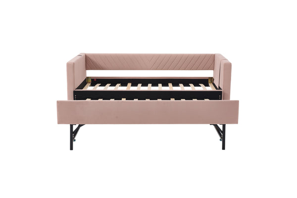 English Elm Twin Velvet Upholstered Daybed with Trundle, V-Pattern Backrest, USB Port, Side Pockets, Sturdy Design Pink W1361S00042