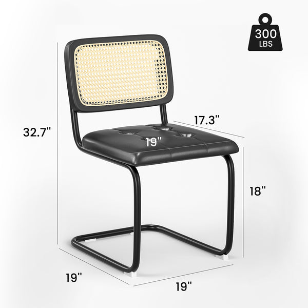 English Elm Kitchen Mid-Century Dining Chairs Set of 2 with Rattan Backrest, Cantilever Aluminum Legs, 300lb Capacity Black PU T3623P408455