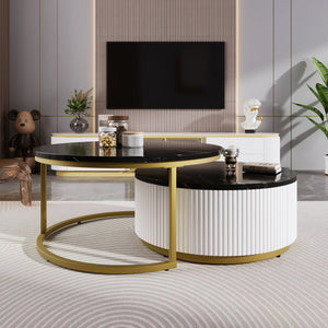 English Elm Modern Round Nesting Coffee Table Fluted with Drawer in Gold Finish — Elegant MDF Top, Space-Saving Design Black N735P254992B