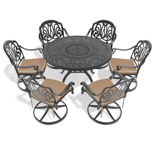 English Elm 7-Piece All-Weather Cast Aluminum Dining Set With 6 Swivel Chairs & Round Table For Outdoor Comfort W1710S00449