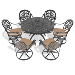 English Elm 7-Piece All-Weather Cast Aluminum Dining Set With Swivel Chairs, Cushions & Umbrella Hole - Black Charm! W1710S00271