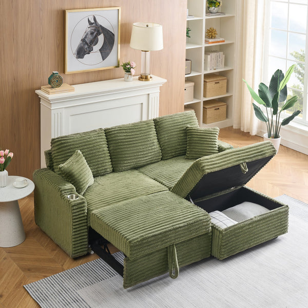 English Elm 80" Corduroy Multi-Function Sofa with Hidden Recliner, Space-Saving Design, Armrests, Cup Holders, Removable Footstool Green W3356S00019