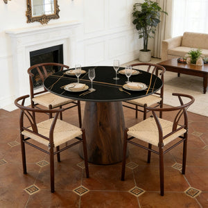 English Elm Table and Chair Set 42 Inch Round Stone Top with Rope Woven Wishbone Seats W2920S00144