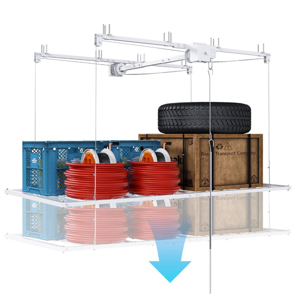 English Elm Overhead Garage Storage Rack with Crank Lift 270lb Steel Platform for High Ceilings W2700P346224
