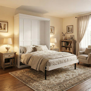 English Elm Rotating Queen Murphy Wall Bed with 14 Open Shelves Hydraulic Lift Space Saving White LP000962AAK