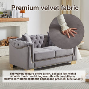 English Elm {video] Chesterfield Two-seater Velvet Sofa with Nailhead Trim and Tufted Gold Leg Luxury Grey W1926S00105