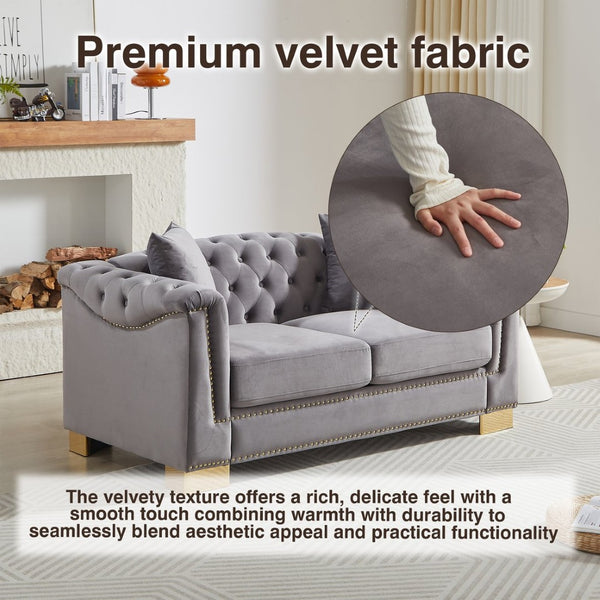 English Elm {video] Chesterfield Two-seater Velvet Sofa with Nailhead Trim and Tufted Gold Leg Luxury Grey W1926S00105