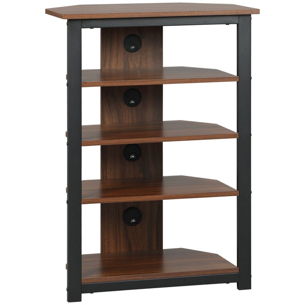 English Elm HOMCOM Corner TV Stand with 4-Tier Shelves, Steel Frame Media Console, Cable Management, Brown W2225P217441