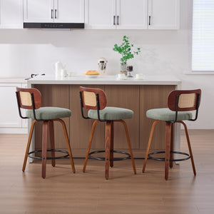 English Elm Set of 2 Swivel Counter Stools Walnut Frame Rattan Back Linen Seat Kitchen Island Light Green W1143P392164