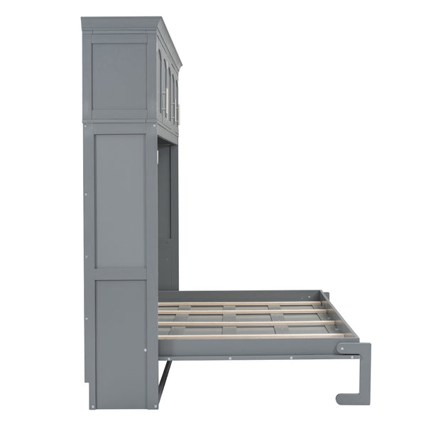 English Elm Queen Murphy Wall Bed with Top Cabinet Storage for Small Space Living Gray LP006665AAE-1