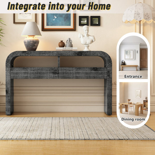 English Elm TREXM Retro Curved Console Table with 2 Large Drawers, Narrow Entryway Sofa Table, Antique Black Elegance N715P223099B