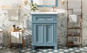 English Elm 24'' Carved Farmhouse Bathroom Vanity with Ceramic Sink Soft Close Storage Cabinet Indigo Blue N710P446530M