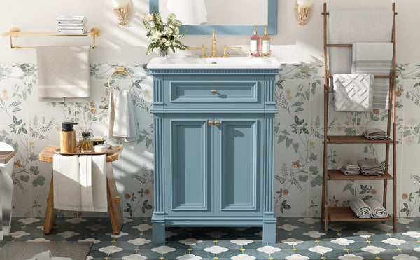 English Elm 24'' Carved Farmhouse Bathroom Vanity with Ceramic Sink Soft Close Storage Cabinet Indigo Blue N710P446530M