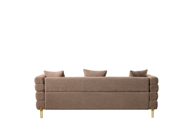 English Elm Luxurious three-seat upholstered sofa with golden legs and plush pillows, modern chic design for living rooms Brown B205S00074