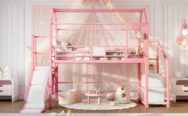 English Elm Twin House Loft Bed with Slide and Stairs, Metal Playhouse with Storage Shelves and Quiet Design Pink W1580S00349