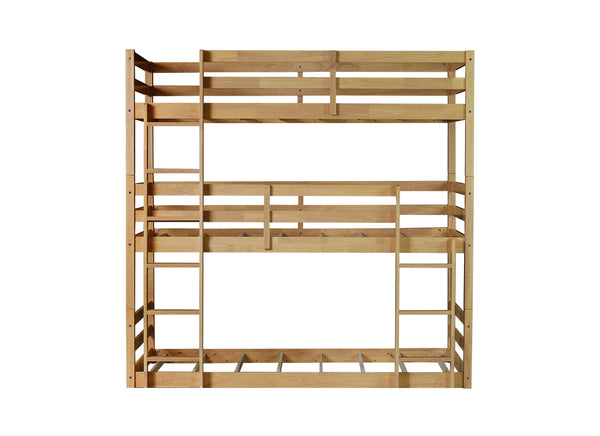 English Elm Triple Rubber Wood Bunk Bed with Built-In Ladders and Guardrails Maximizes Space for Families, Durable Design White Oak W504S00176