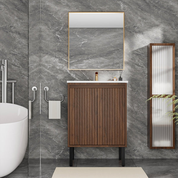 English Elm 24 Compact Bathroom Vanity with Sink — Floor-Standing Stability, Soft-Close Drawers, Large Storage, Durable Finish Walnut 29.13 L x 6.49 W x 26.37 H W3520S00012