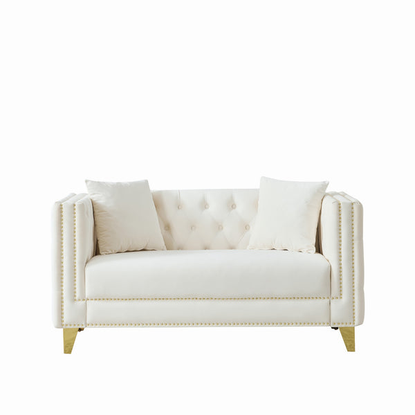 English Elm 58"Chesterfield Velvet Sofa Elegant Tufted 2-Seater Deep Seat with Nailhead Trim Solid Wood Frame Beige W3373S00028