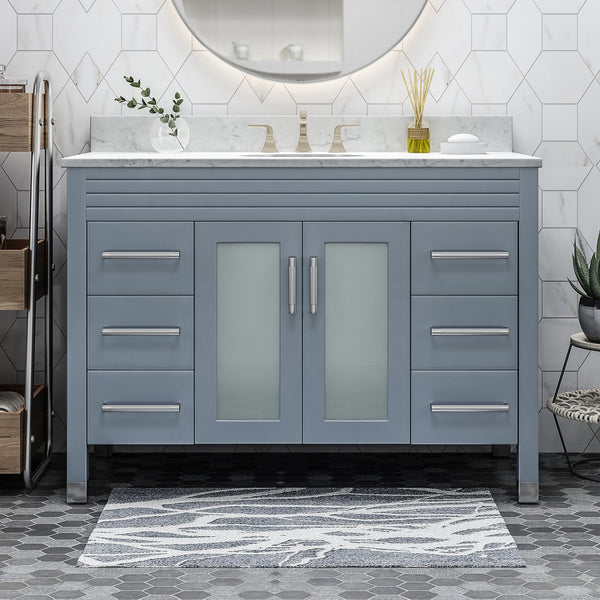English Elm Christopher Knight Home® - 48'' Cabinet Grey Acacia Wood 48” Vanity with Frosted Glass Doors, 6 Soft-Close Drawers, No Top (96) 65596.00GRY
