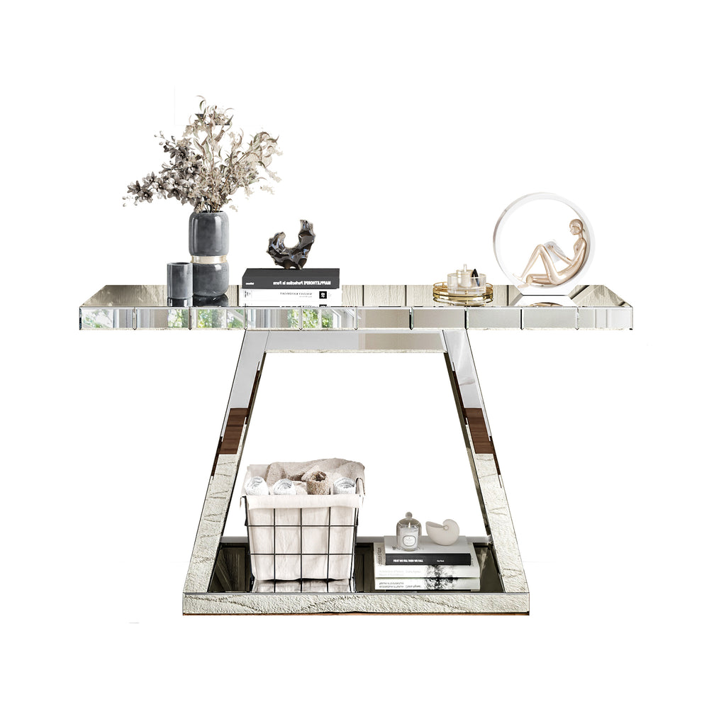 English Elm 55.9" Luxe Full-Body Mirror Entryway Table — 360° Reflective Console with Trapezoid Base, Sturdy Open Storage and Scratch-Resistant Finish for Hallway Glam W1445P299174
