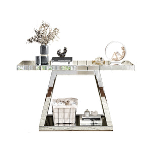 English Elm 55.9" Luxe Full-Body Mirror Entryway Table — 360° Reflective Console with Trapezoid Base, Sturdy Open Storage and Scratch-Resistant Finish for Hallway Glam W1445P299174