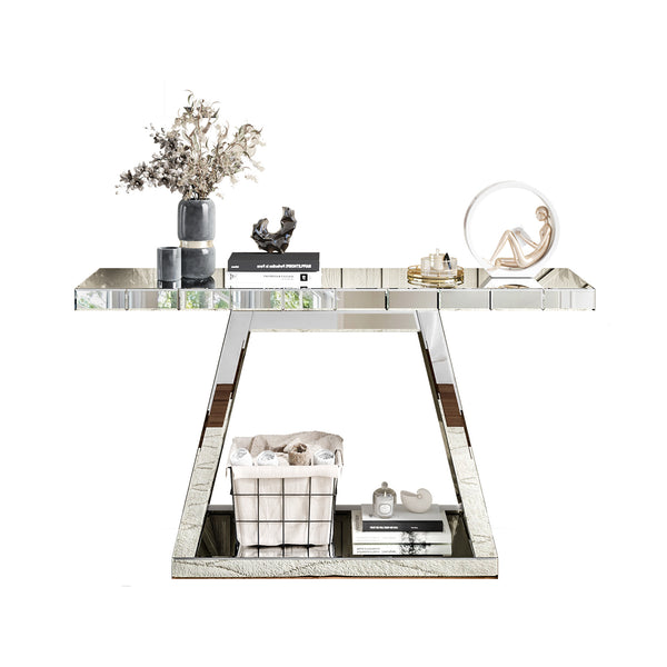 English Elm 55.9" Luxe Full-Body Mirror Entryway Table — 360° Reflective Console with Trapezoid Base, Sturdy Open Storage and Scratch-Resistant Finish for Hallway Glam W1445P299174