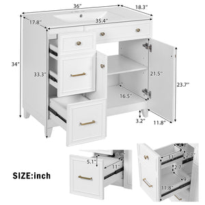 English Elm 36" Modern Bathroom Vanity with Ceramic Sink, Soft-Close Doors, Double-Layer Drawer & Storage Elegance White N729P289163K