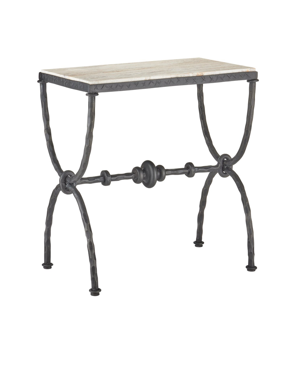 Currey & Company Agora White Travertine Side Table - Elegant Greek-inspired Design With Bronze Hourglass Legs & Veining Black White Travertine ,Wrought Iron 4000-0243-currey-company