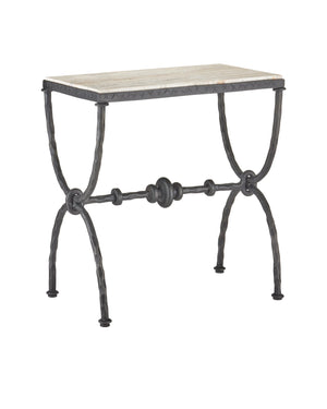 Currey & Company Agora White Travertine Side Table - Elegant Greek-inspired Design With Bronze Hourglass Legs & Veining Black White Travertine ,Wrought Iron 4000-0243-currey-company