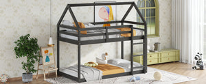 English Elm Twin Rubber Wood Floor Bunk Bed House-Shaped Design with Ladder Guardrails Sturdy Low-Profile Retreat Black W504P206865
