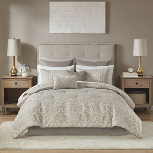 English Elm 12 Madison Park Emilia Jacquard Comforter Set Queen with Metallic Damask, Euro Shams, Sheets & Pillows khaki 18.7 L x 13.98 W x 11.02 H B03597185