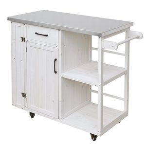 English Elm Foldable Outdoor Kitchen Cart with Stainless Worktop Fir Wood Frame and Lockable Wheels White N719P380278K