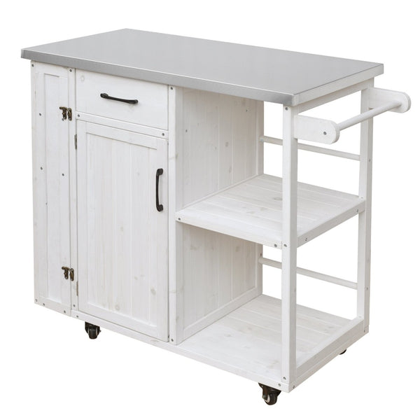 English Elm Foldable Outdoor Kitchen Cart with Stainless Worktop Fir Wood Frame and Lockable Wheels White N719P380278K
