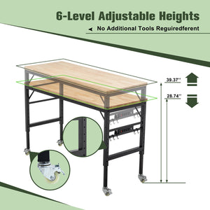 English Elm 60" Adjustable Workbench with 2000 LB Capacity, Hardwood Top, Locking Wheels & Built-In Power Outlets W1422P218520
