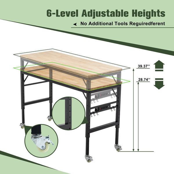 English Elm 60" Adjustable Workbench with 2000 LB Capacity, Hardwood Top, Locking Wheels & Built-In Power Outlets W1422P218520