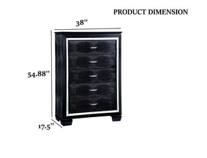 English Elm 1pc Crocodile-Embossed Chest with Diamond-Crusted Handles, Silver-Lined Panels, Glam Contemporary Appeal Black 42 L x 22 W x 59 H B2741P367880