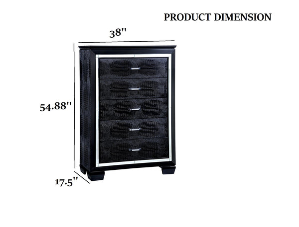 English Elm 1pc Crocodile-Embossed Chest with Diamond-Crusted Handles, Silver-Lined Panels, Glam Contemporary Appeal Black 42 L x 22 W x 59 H B2741P367880