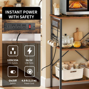 English Elm Bakers Rack with Power Outlet & USB, Microwave Stand with Pull-Out Basket, Coffee Bar Organizer W3204P354195