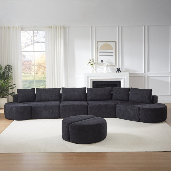 English Elm Modular Chenille Sectional Sofa with Curved Footstools and Cloud Foam Cushioning Black W3505S00057