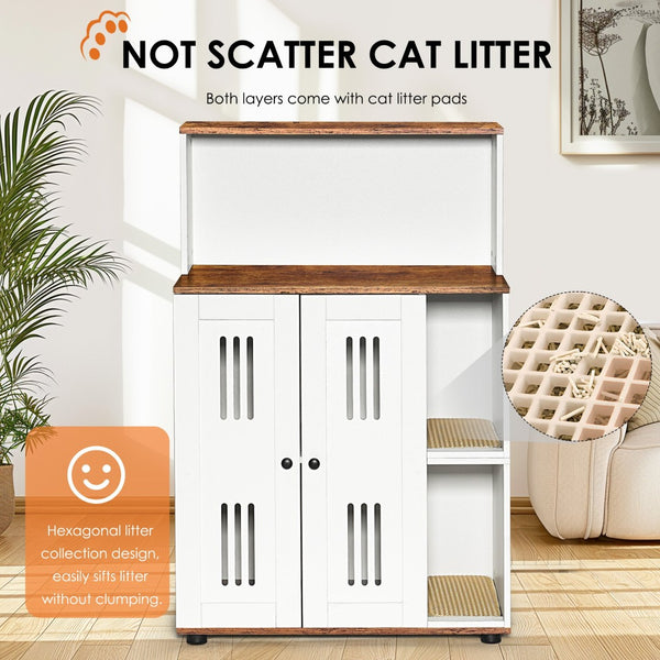 English Elm Litter Box Cabinet for Two Cats Wooden Enclosure with Ventilated Doors Side Table W1687P170693
