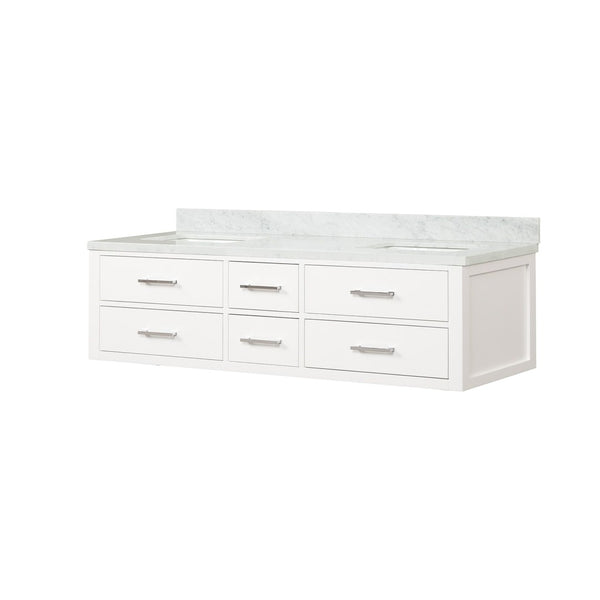 English Elm White Double Bath Vanity With Carrara Marble Top – 72" W, Elegant Design, Ample Storage & Easy Setup B2731P258082-GIGA