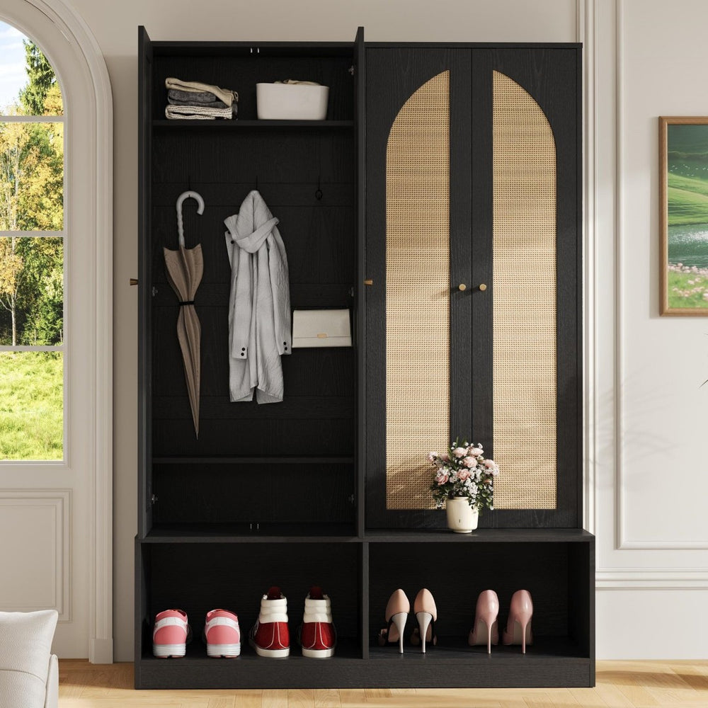 English Elm Rattan Door Hall Tree Bench with 6 Hooks Farmhouse Entryway Storage N721S000074B