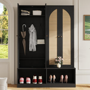 English Elm Rattan Door Hall Tree Bench with 6 Hooks Farmhouse Entryway Storage N721S000074B